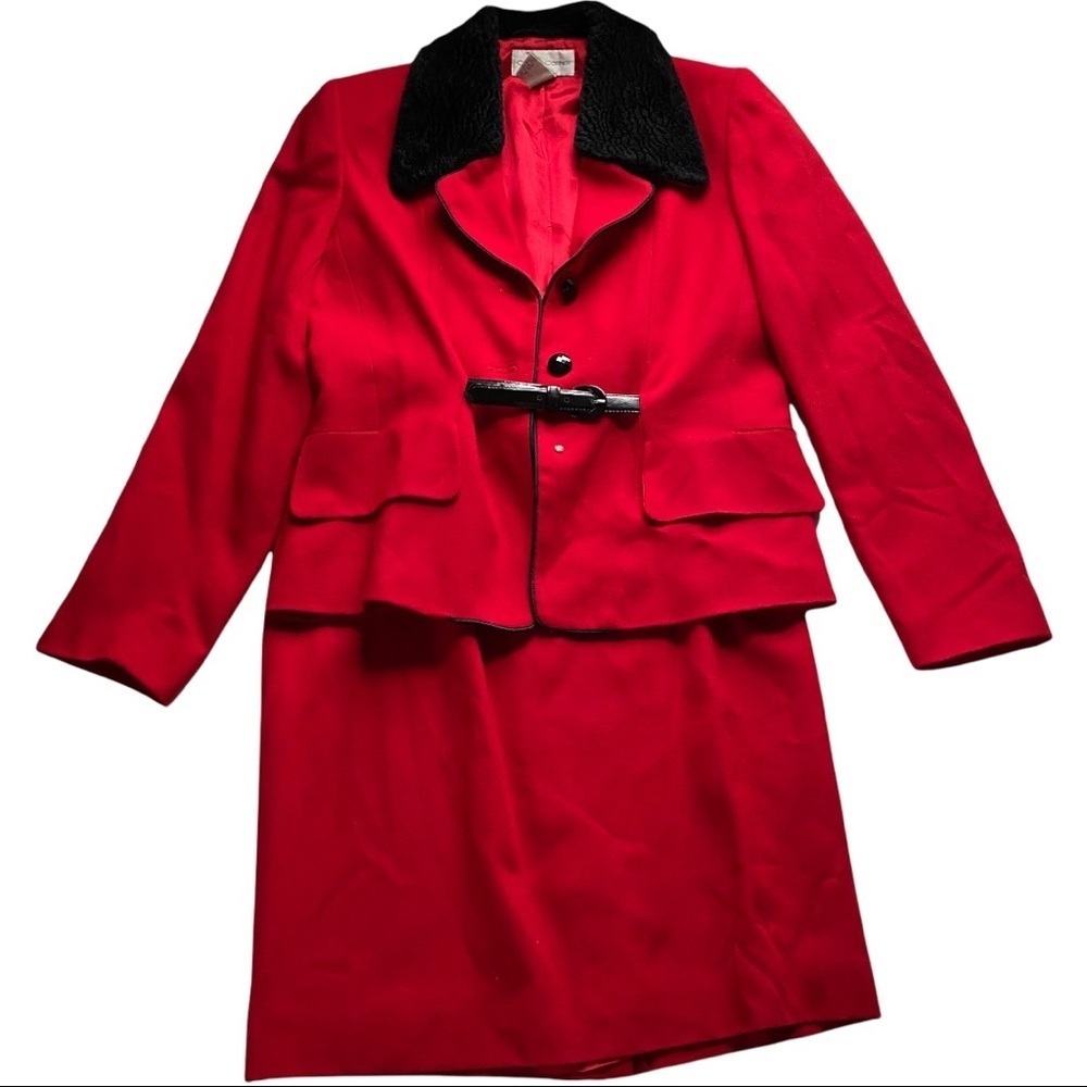 Vtg Casual Corner Christmas Red Black Collar 100% Wool Fully-Lined Skirt Suit 10